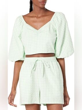 The Drop Green Gingham Puff Sleeve Crop Top XL Queen Neckline Smocked Back NEW